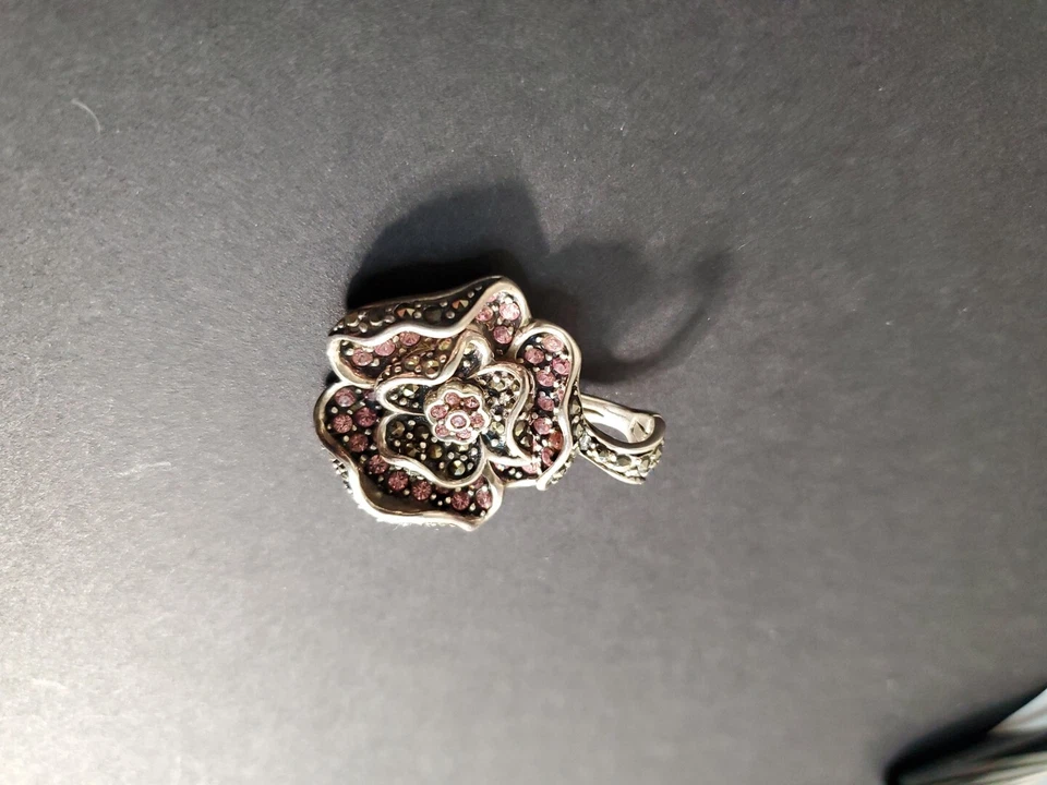 Signed A 925 Marcasite Sterling Silver Flower PENDANT W/ Pink CZ stones 11.1gram - Image 4 of 4