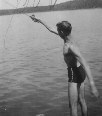 5R Photo Handsome Skinny Man Casting Out Fishing Pole Lake Bathing Suit 1930's