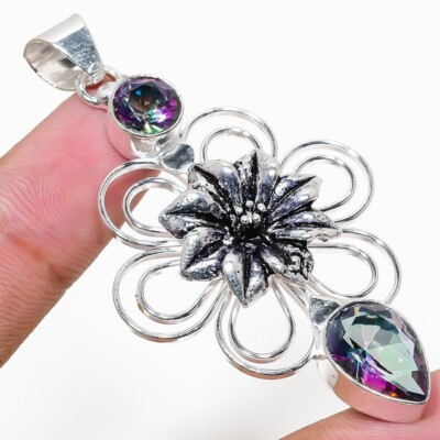 Pendentif Fait Main En Argent Sterling 925 Avec Labradorite Et Topaze Bleue B-5