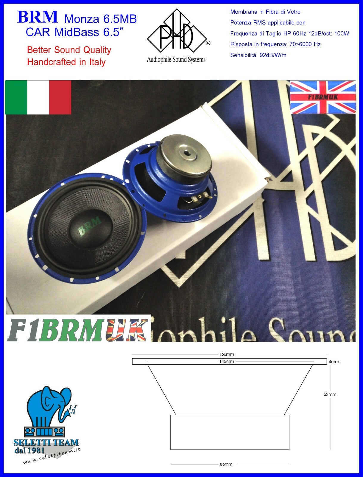 BRM Altoparlanti by PHD MONZA 6.5 MIDBASS 165 mm Sound Quality Made in Italy