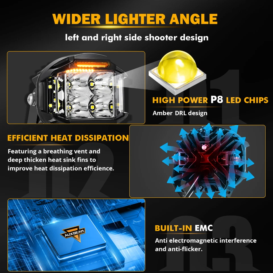 AUXBEAM 2X 4inch 92W LED Work Light Side Shooter Amber DRL For Bombardier DS 650 - Image 4 of 4