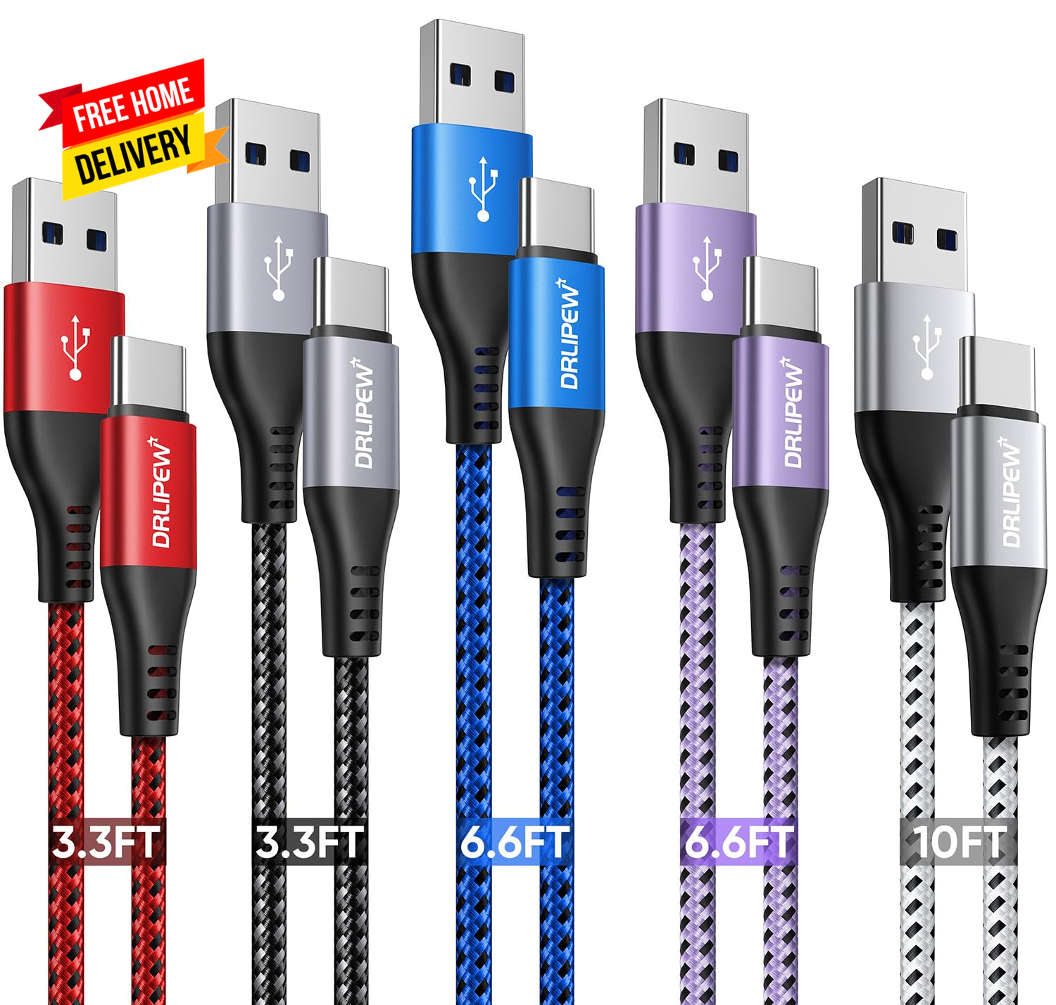 USB C Cable, 5-Pack(3Ft/3Ft/6Ft/6Ft/10Ft) USB Type C Cable Fast Charging Braided-image