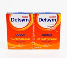 2 Delsym COUGH Max 8hr Day Night suppressant Fast Release 20 CAPLETS 02/2026