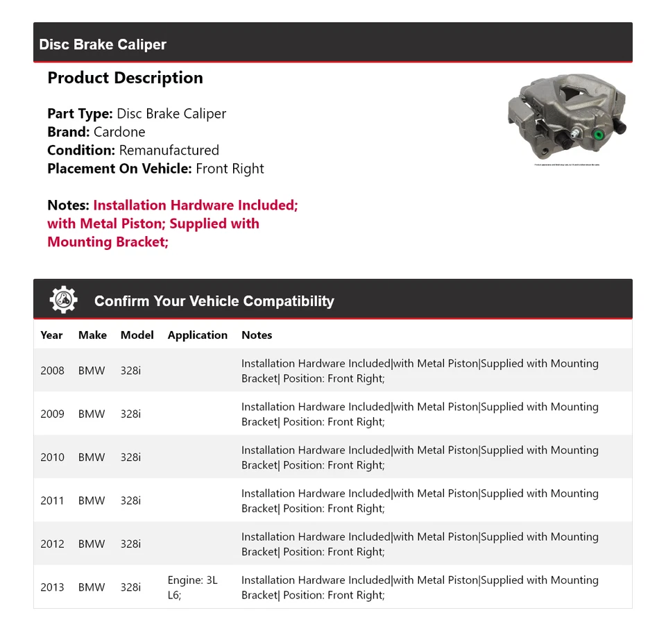 Pinza de freno de disco delantera derecha Cardone 2009 2010 2011 para BMW 328i 2008-2013 Foto 2 de 4