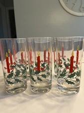 Christmas Holly Candles High Ball Ice Tea Glasses 6pc Vtg