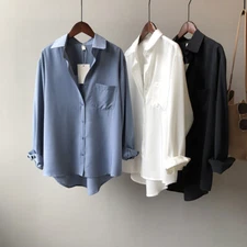 Women Spring Tencel-Like Loose Casual Long-Sleeved Lapel Shirt Button-Down Tops