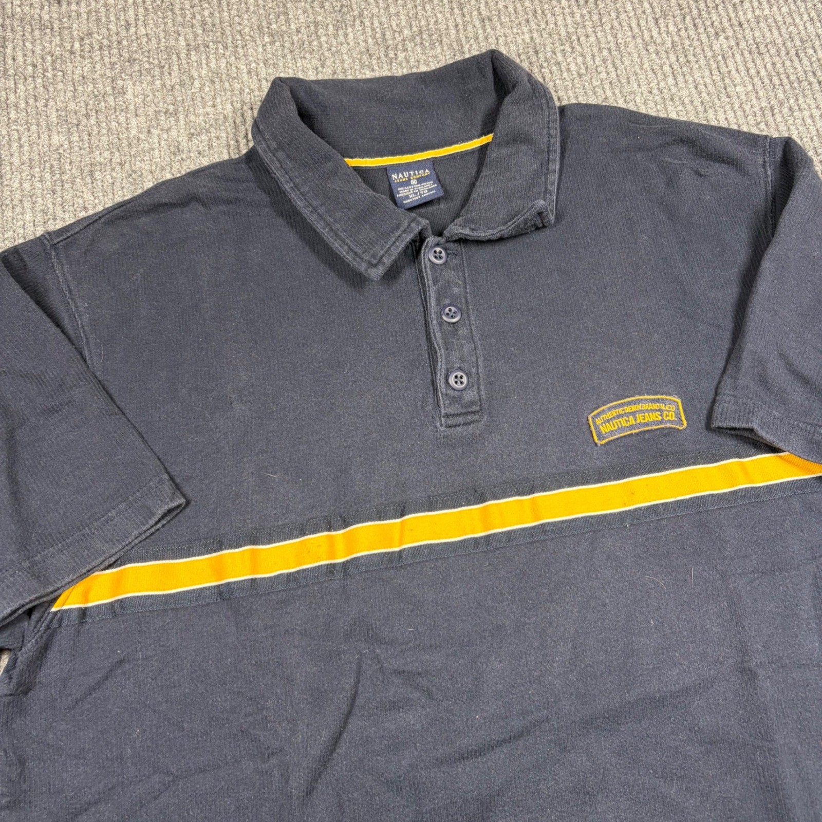 Nautica Jeans Co Shirt Mens XL Navy Blue Yellow Stripe Short Sleeve Polo Cotton