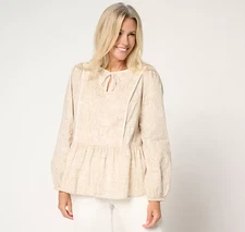 LOGO by Lori Goldstein 100% Cotton Printed Tie Neck Blouse Shell M A699008