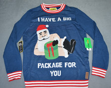 Tipsy Elves Big Package Ugly Christmas Sweater Navy Blue Red White Stripes Large