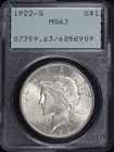 1922-S Peace Dollar PCGS MS-63 Old Green Rattler Holder