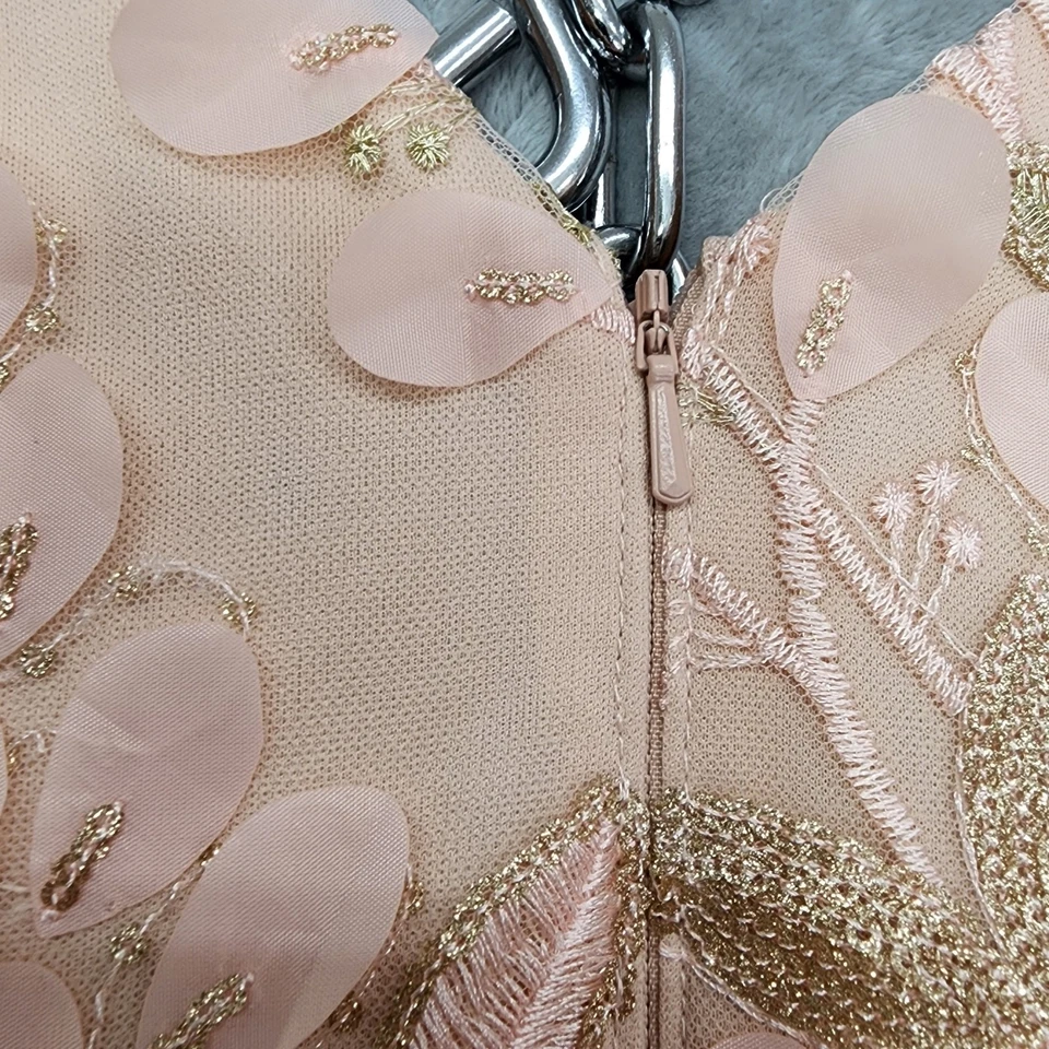 Vestido XSCAPE Mujer 10 Rosa 3D Floral Cuentas Apliques Midi Fit Acampanado Cuello en V Espalda Foto 3 de 4