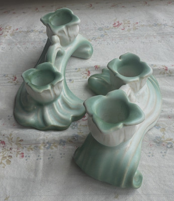 Weller Pottery Roba Candleholder Pair in Green/Ivory 6x3.25x2.5''