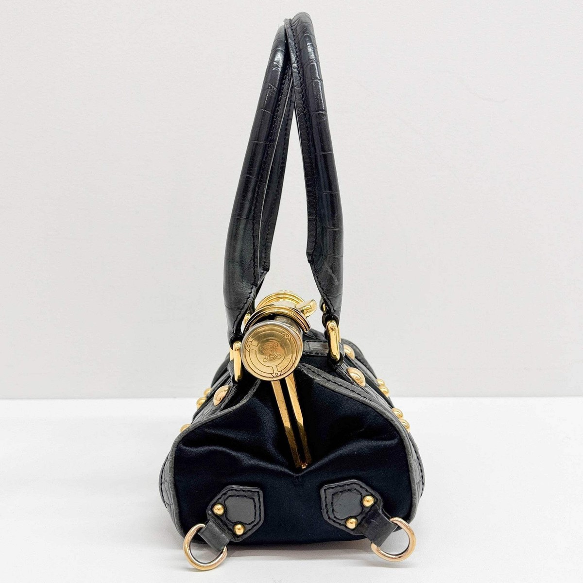 CELINE Flip Lock Black Crocodile Embossed Leather Trim & Satin