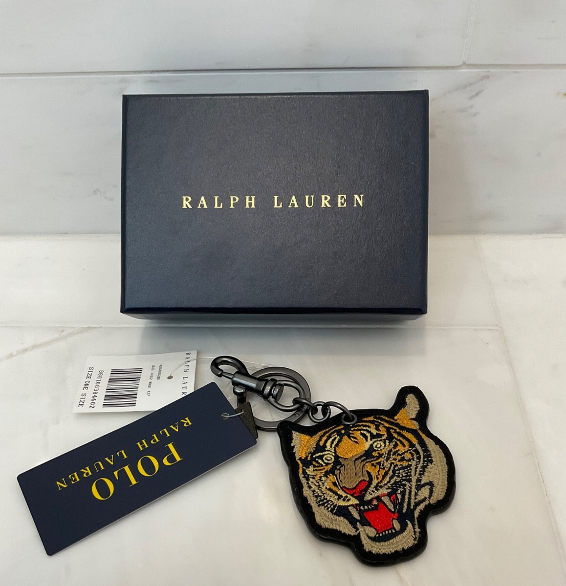 NEW Polo Ralph Lauren Leather Embroidered TIGER HEAD Keychain