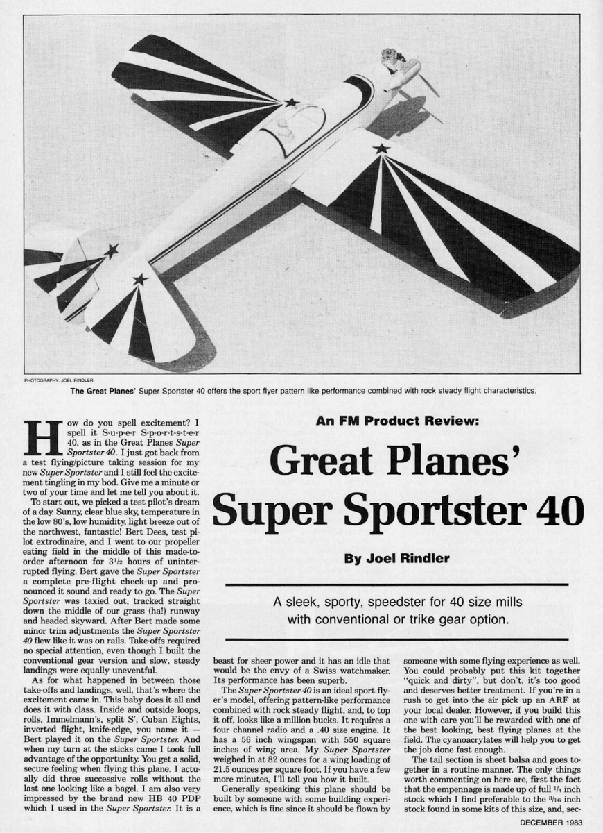 Great Planes Model Airplane Plans (RC): Super Sportster 40 56