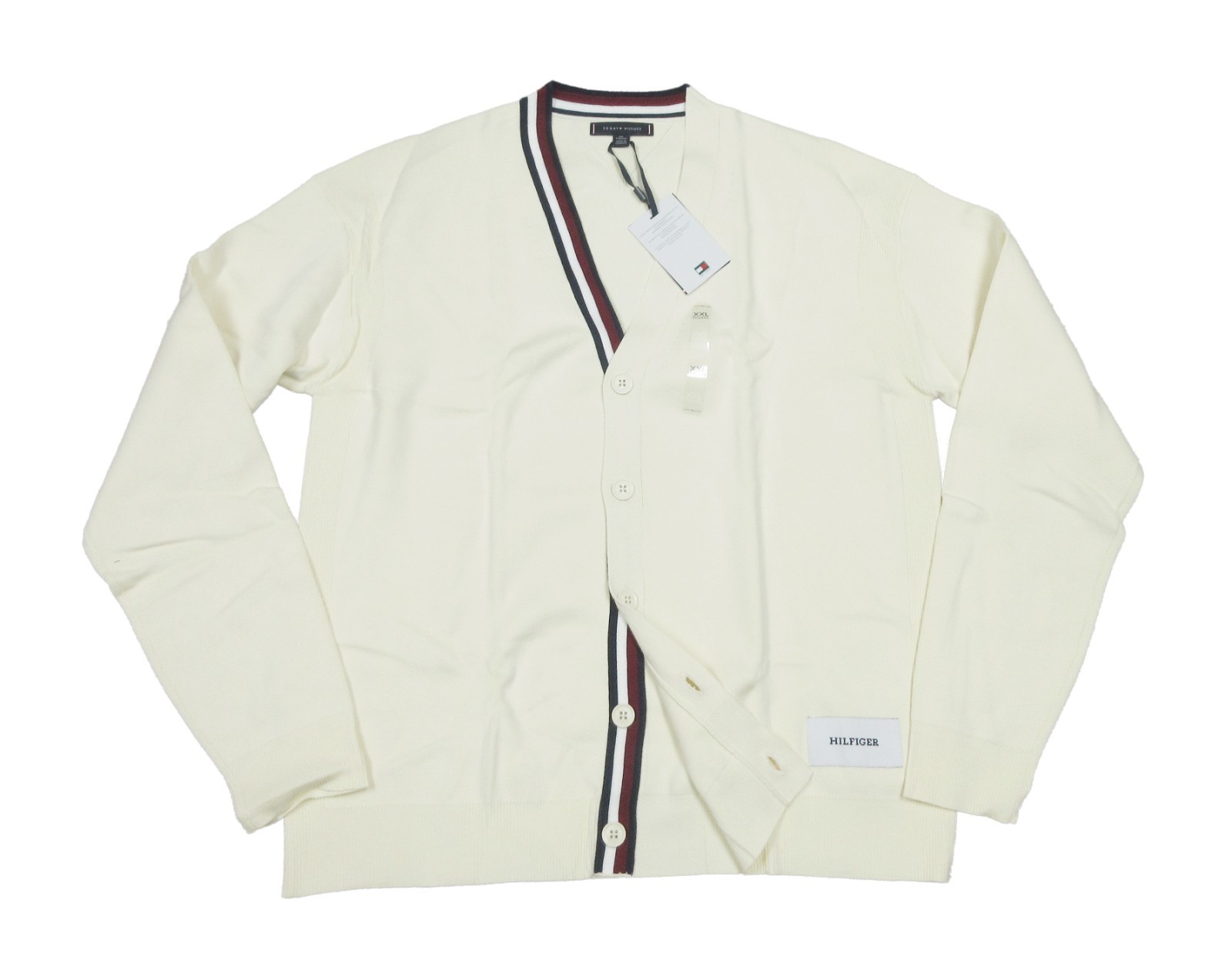 Tommy Hilfiger Men's Ivory Oversized Fit Stripe Placket V-Neck Cardigan Sweater
