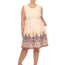 White Mark Women's Plus Size Fit  Flare Sleeveless Midi Dress in Orange Print
