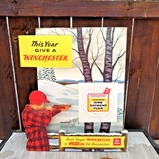 VINTAGE DIE CUT CARBOARD WINCHESTER STORE DISPLAY EASEL BACK SIGN. HUNTING.