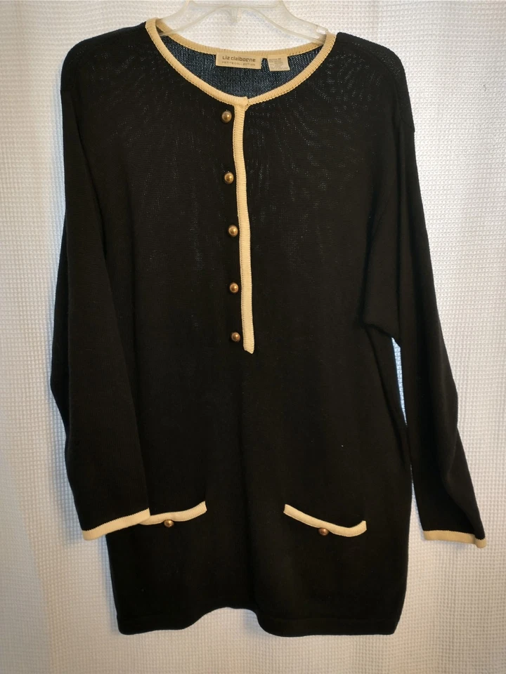 Mini Vestido Suéter Vintage Años 90 Liz Claiborne Clásico NEGRO Y DORADO Talla Pequeña Mediana Foto 2 de 4