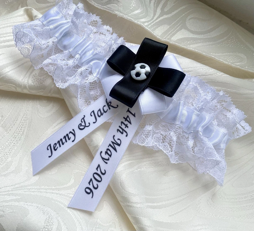 PERSONALISED FOOTBALL TEAM THEMED WEDDING GARTER BLACK AND WHITE COLOURS - Image 4 of 4