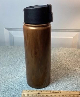 Insulated Stainless Steel Bottle Brown Wood Grain Push Button Lid 10in