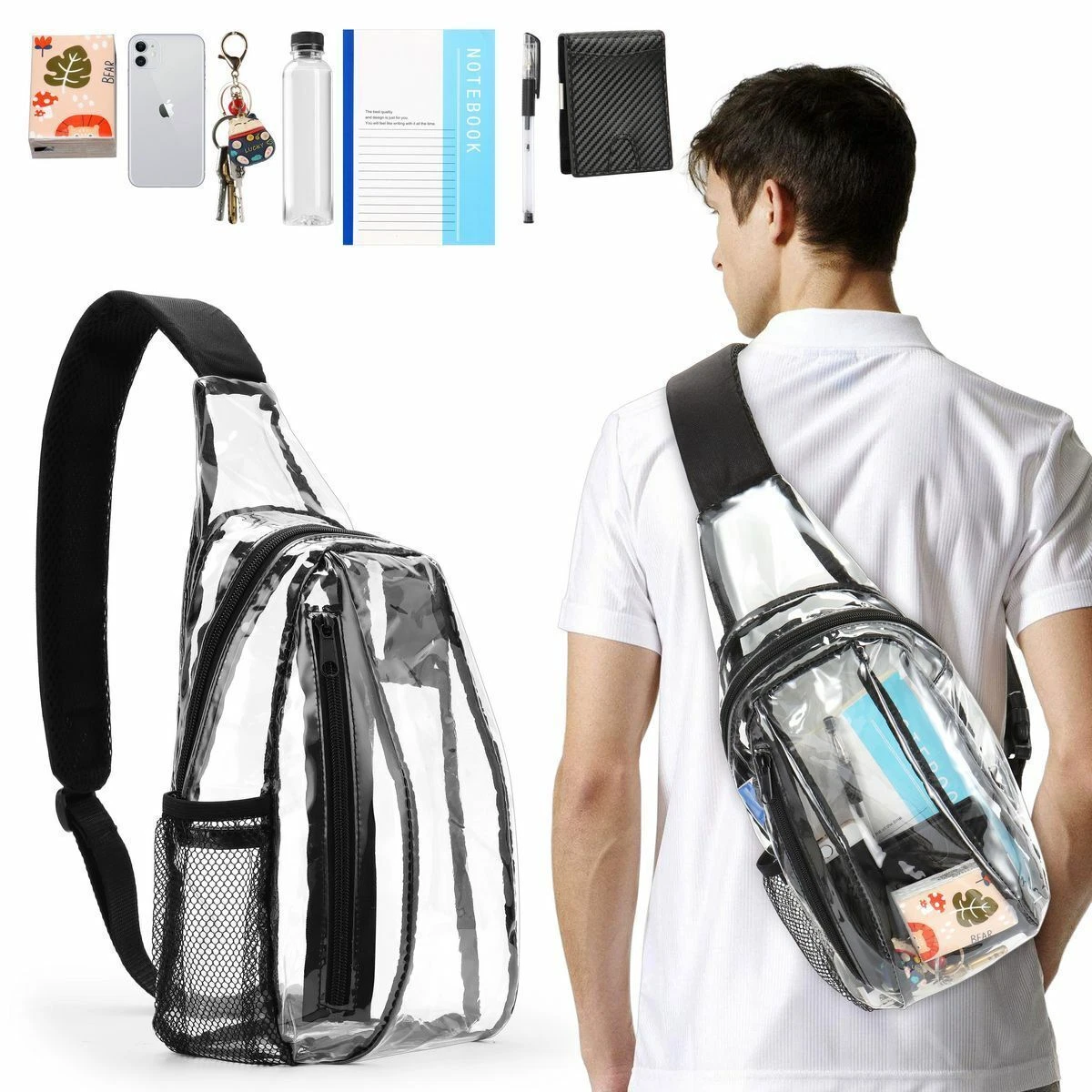 Clear PVC Sling Bag Transparent Stadium Shoulder Crossbody Backpack  Adjustable | eBay