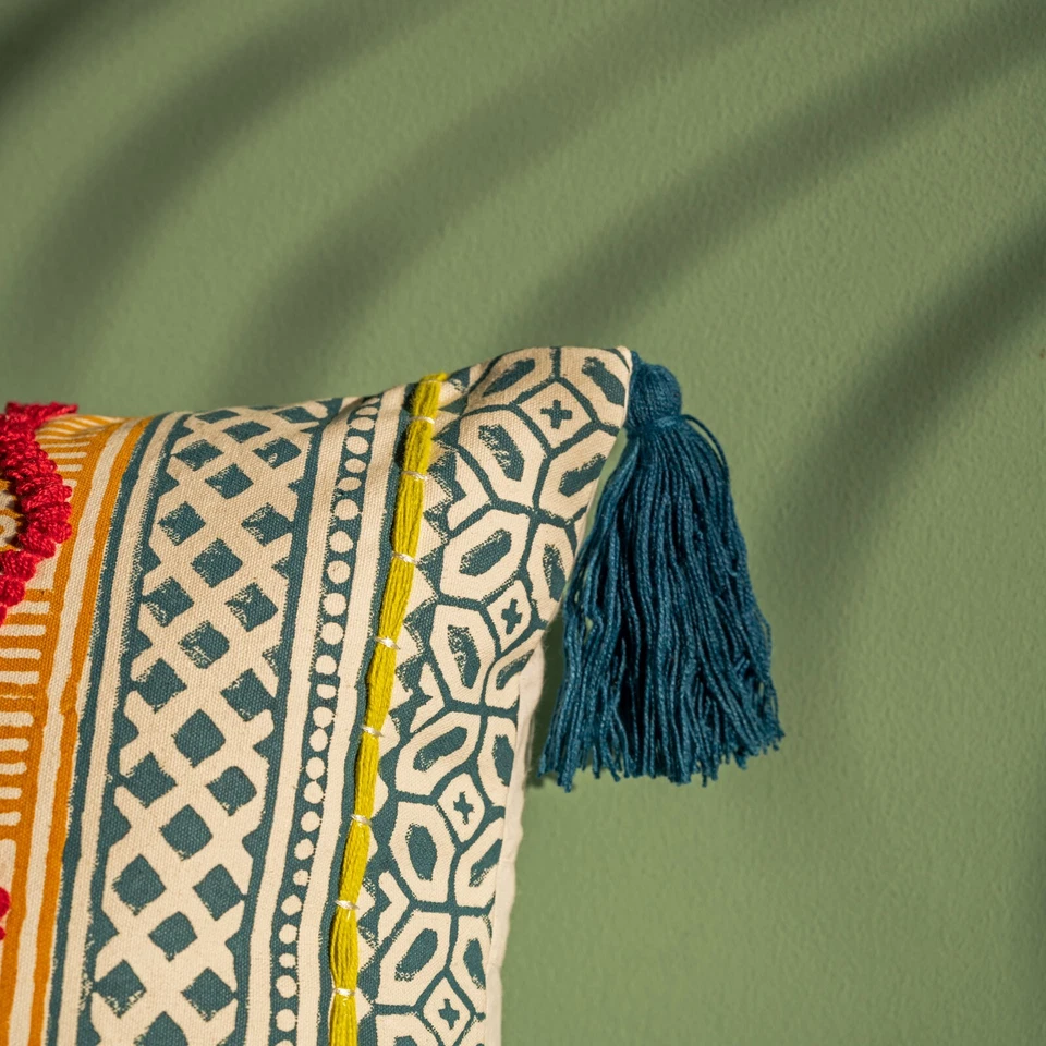 Boho Embroidered Cushion Cover 16x24 Inch Geometric & Ethnic Design with Tassels - Image 3 of 4