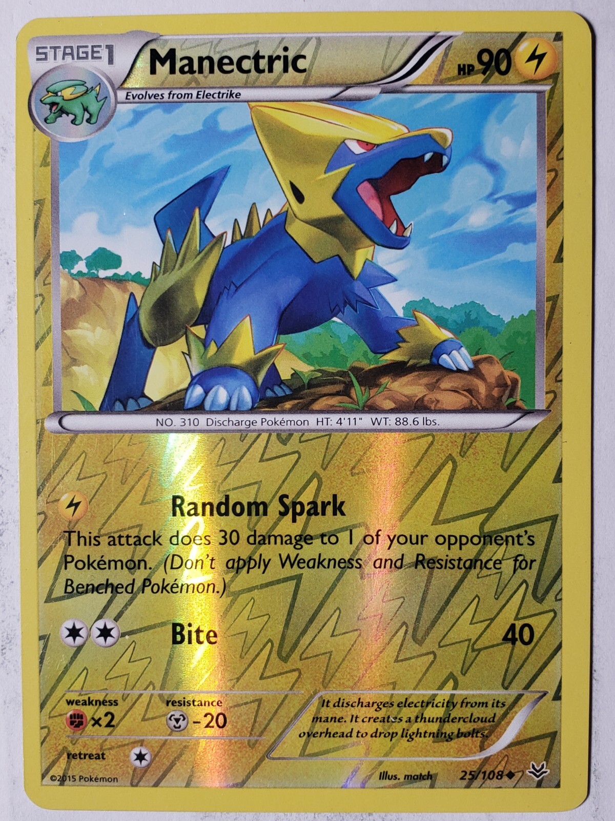 REVERSE HOLO Manectric 25/108 VLP - XY Roaring Skies Pokemon Card - Match Art