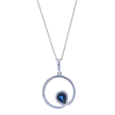 White Gold Sapphire & Diamond Circle Pendant Necklace 16'' - 14k Pear .33ctw