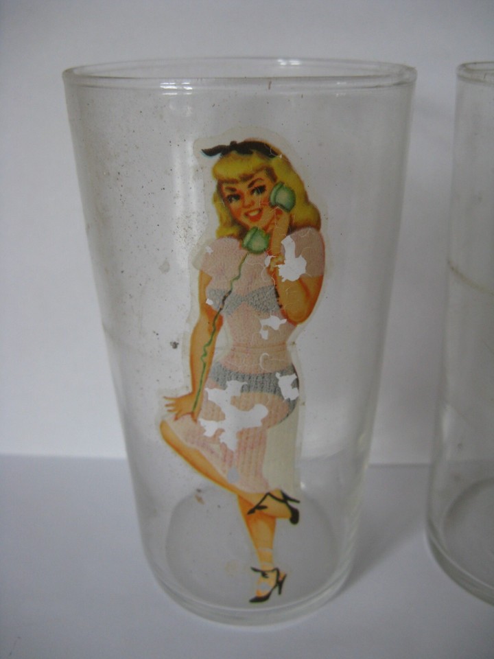 4 VINTAGE NAUGHTY LADY SEMI NUDE NAKED COCKTAIL WOMAN CLEAR NOVELTY BAR