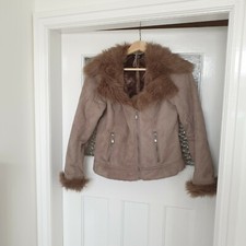 M&co Light Brown Faux Fur Suede Like Jacket Petite Uk 10 70s Almost Famous Style