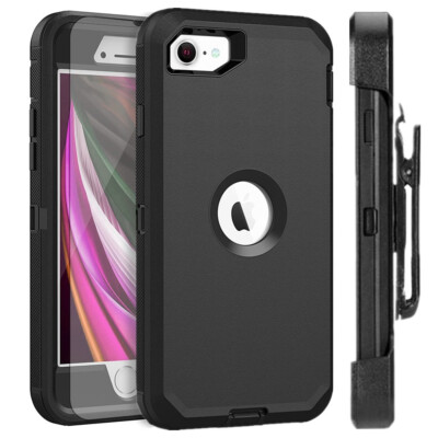 For iPhone SE 3rd Gen 2022 Defender Black Shockproof Rugged Case w/Clip & Screen