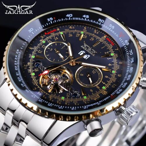 JARAGAR Uomo Polso Meccanico Carica Manuale Bracciale Acciaio Inox Racing Piloti - Zdjęcie 1 z 7