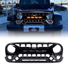 For 07-18 Jeep Wrangler Jk Front Armor Grille Wled Amber Lights Glossy Black