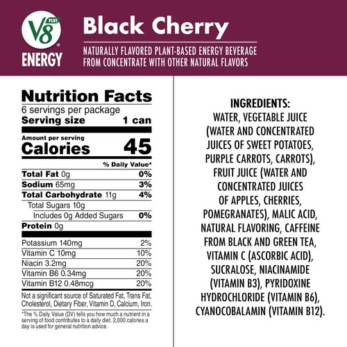V8 +Energy Black Cherry Juice Energy Drink 8 fl oz Can 6 Pack - Picture 5 of 6