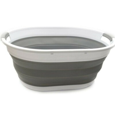Fordable Laundry Water Storage Basket Grey Oval Plastic Space-Saving Portable 