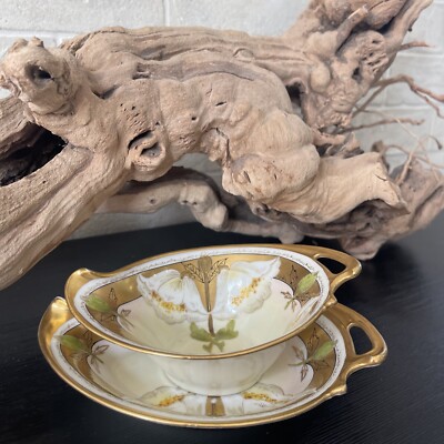 Stunning antique hand painted heavy gold pickard china bowl and tray set 