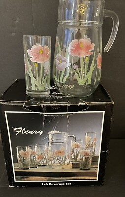 Pasabahce Circleware Vintage  7pc Poppy Floral Beverage Set
