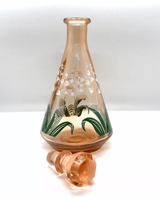 Vintage Decanter Pink/Peach Glass Bottle & Stopper 14 Ounces Flower Mid