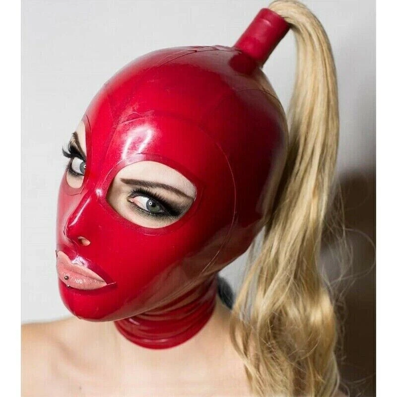 Latex Hood with Blond Pigtail Back Zipper Rubber Mask Golden Wig Cosplay 0.4mm