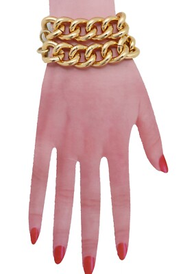 Women Wrist Bracelet Gold Metal Chain Links Double Strands Bling Bulky Style Hot