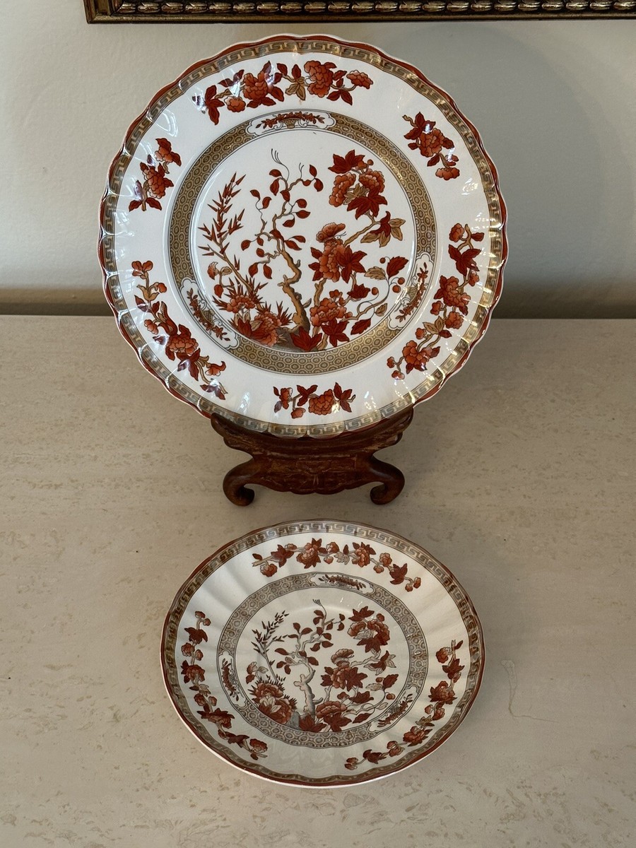 SPODE ENGLAND INDIAN TREE ORANGE RUST SALAD PLATE SAUCER SET  EXCELLENT!