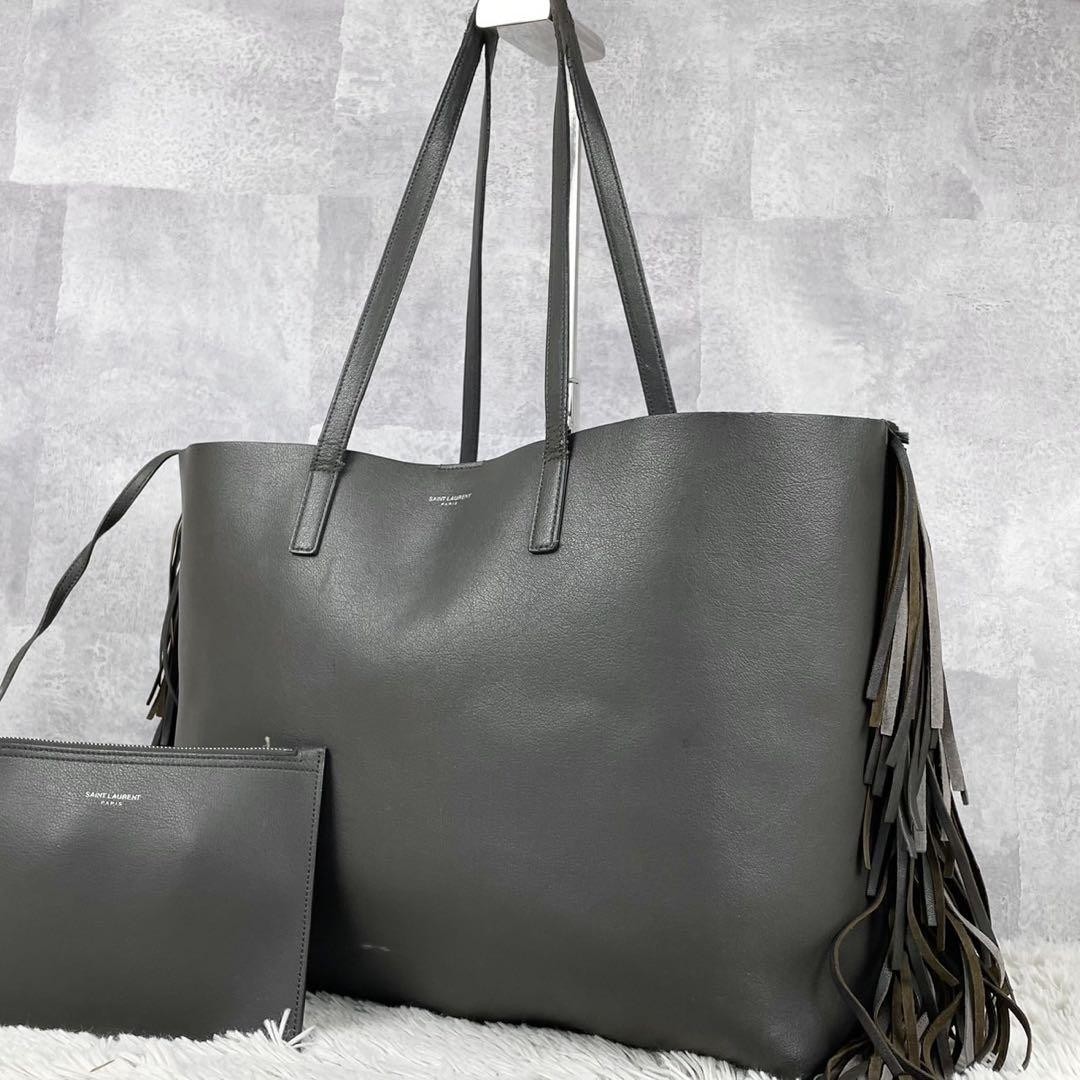 Saint Laurent Gray Genuine leather Tote Bag Fringe A4 Size Auth From Japan RA