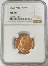 Moneda de oro Perú 1965 20 soles libertad sentada NGC NGC como nueva 66
