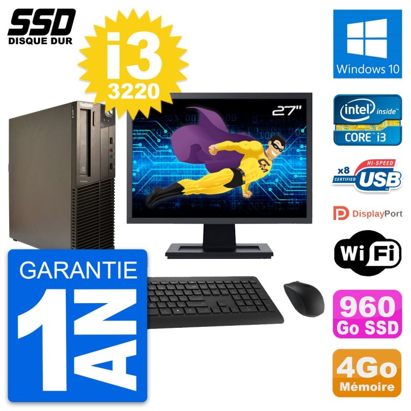 PC Lenovo M82 SFF Ecran 27" Intel Core i3-3220 RAM 4Go SSD 960Go Windows 10 Wifi