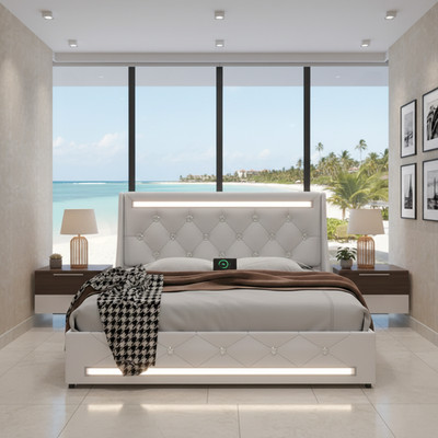 Queen Size Bed Frame with LED Lights, Upholstered Bed Frame