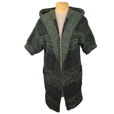 ii Sisters Green Black Marled Wool Long Drape Hooded Short Sleeve Cardigan Large