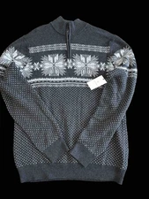 NWT Aspen Mens Gray 100% Cotton 1/4 Zip Winter Pullover Sweater, Snowflakes Sz.L