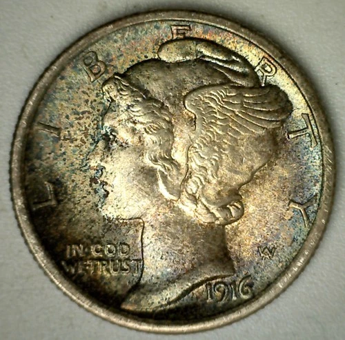 1916 Mercury Silver Dime Iridescent Toning Uncirculated 10c US Type Coin
