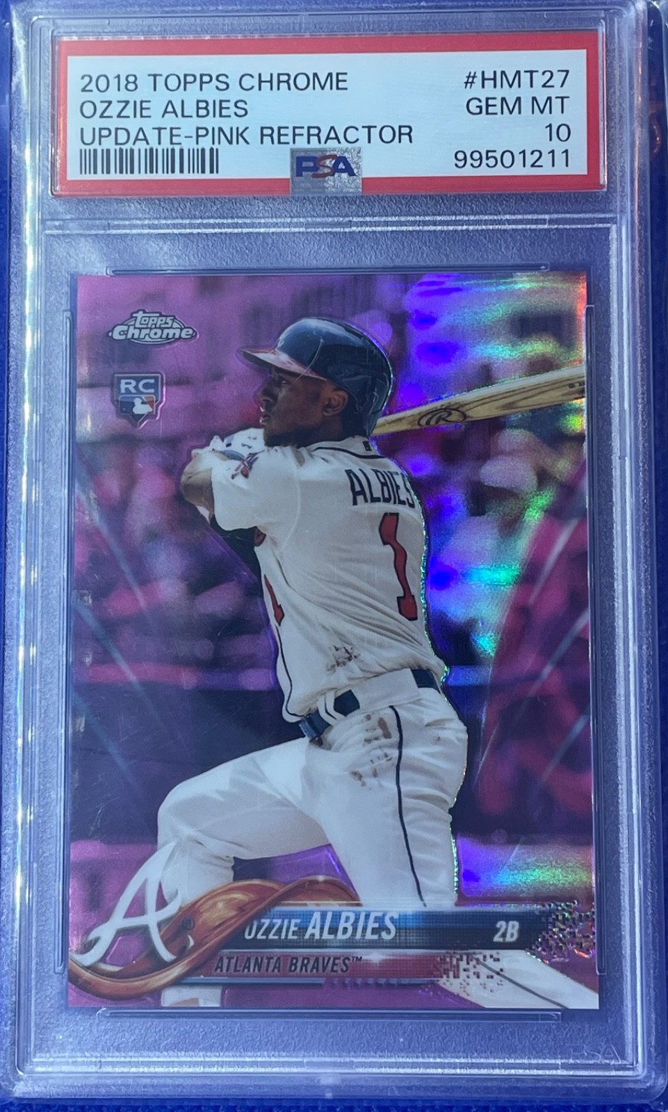 2018 Topps Chrome Update PINK REFRACTOR OZZIE ALBIES (RC) ROOKIE #HMT27 PSA 10